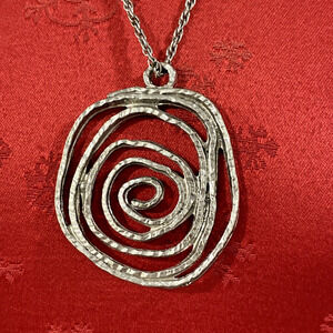 Vintage Silver Chain Necklace Mod 1970's Textured Modern Art Abstract Pendant
